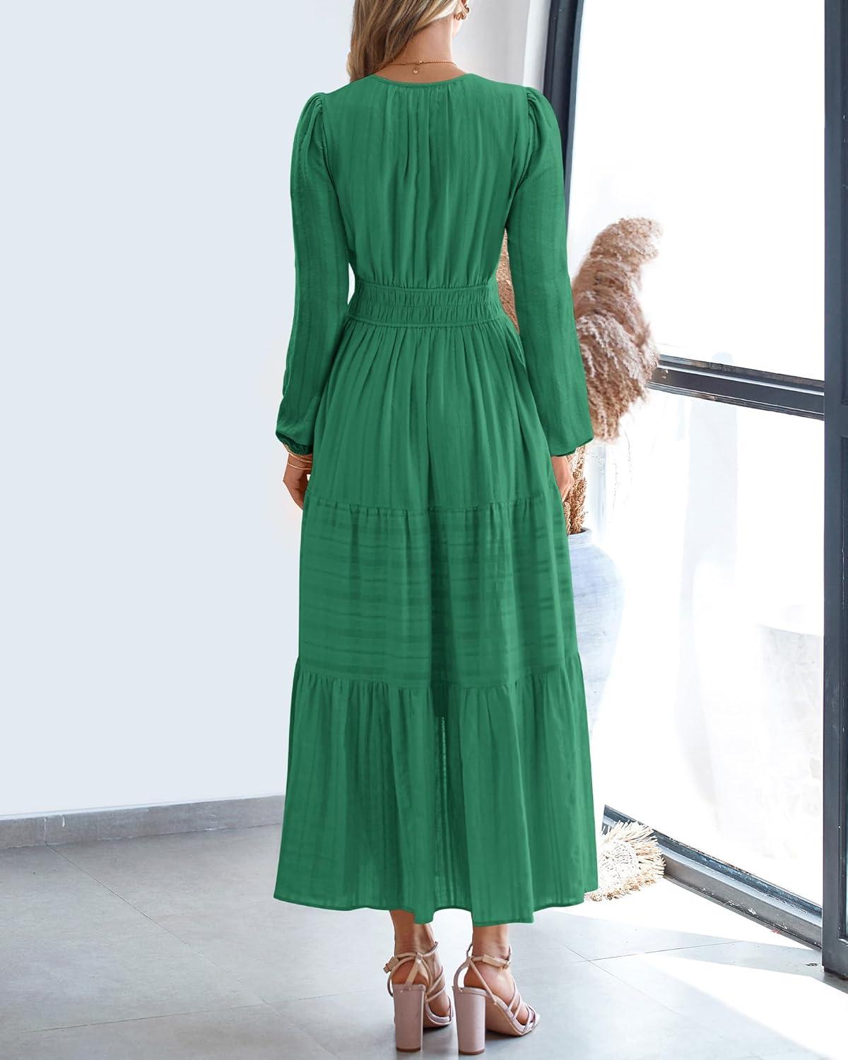 imageBTFBM Fall Dresses for Women 2025 Casual Long Sleeve V Neck Elastic Waist Lightweight Maxi Wedding Guest Dress PocketsDark Green