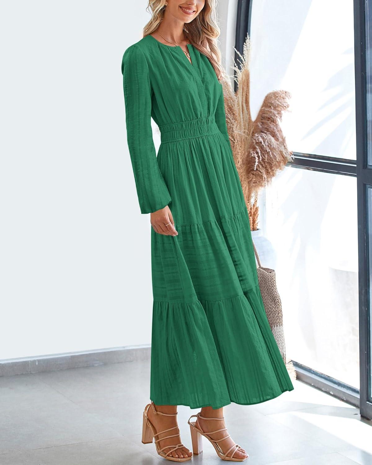 imageBTFBM Fall Dresses for Women 2025 Casual Long Sleeve V Neck Elastic Waist Lightweight Maxi Wedding Guest Dress PocketsDark Green