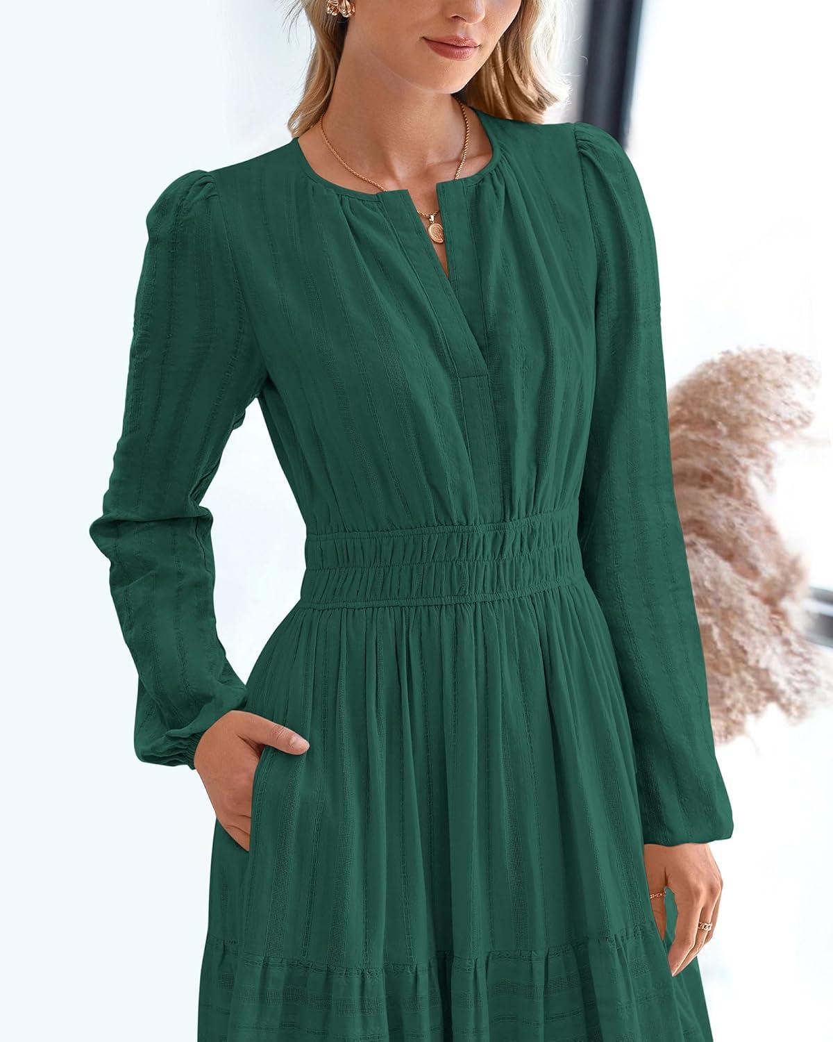 imageBTFBM Fall Dresses for Women 2025 Casual Long Sleeve V Neck Elastic Waist Lightweight Maxi Wedding Guest Dress PocketsHunter Green