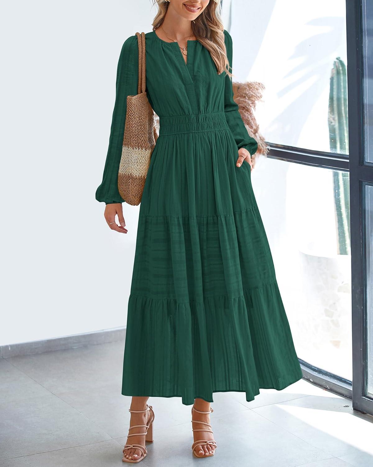 imageBTFBM Fall Dresses for Women 2025 Casual Long Sleeve V Neck Elastic Waist Lightweight Maxi Wedding Guest Dress PocketsHunter Green