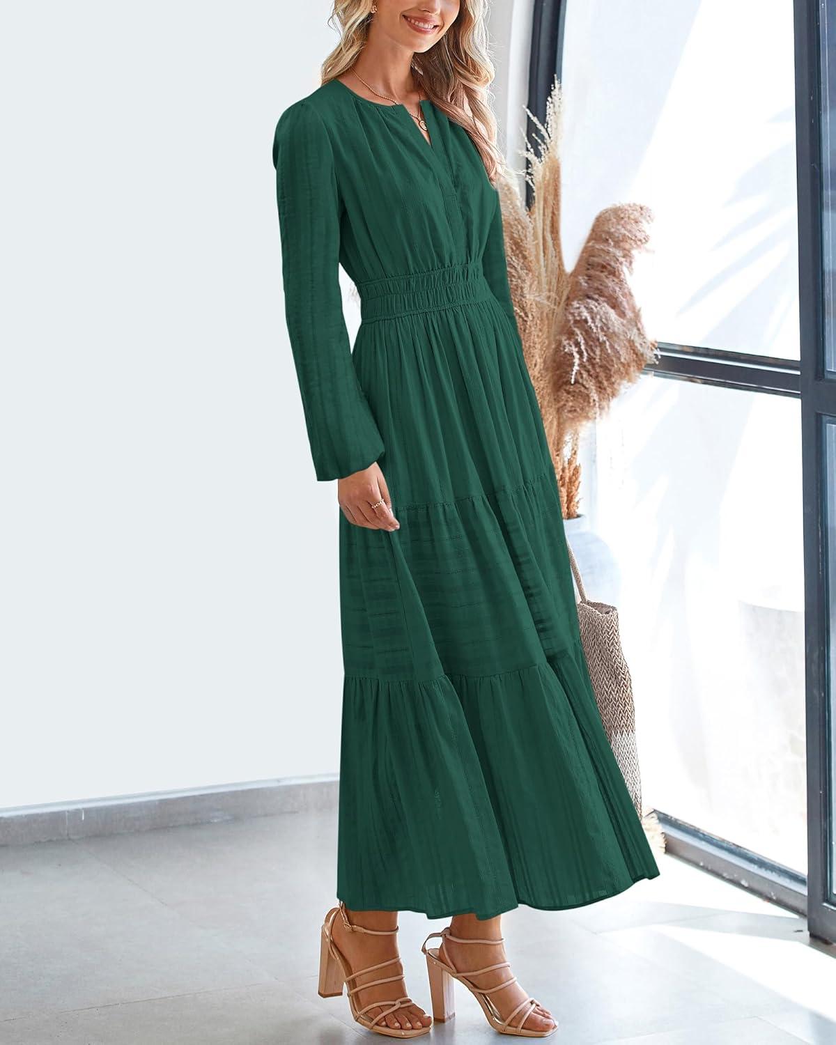 imageBTFBM Fall Dresses for Women 2025 Casual Long Sleeve V Neck Elastic Waist Lightweight Maxi Wedding Guest Dress PocketsHunter Green