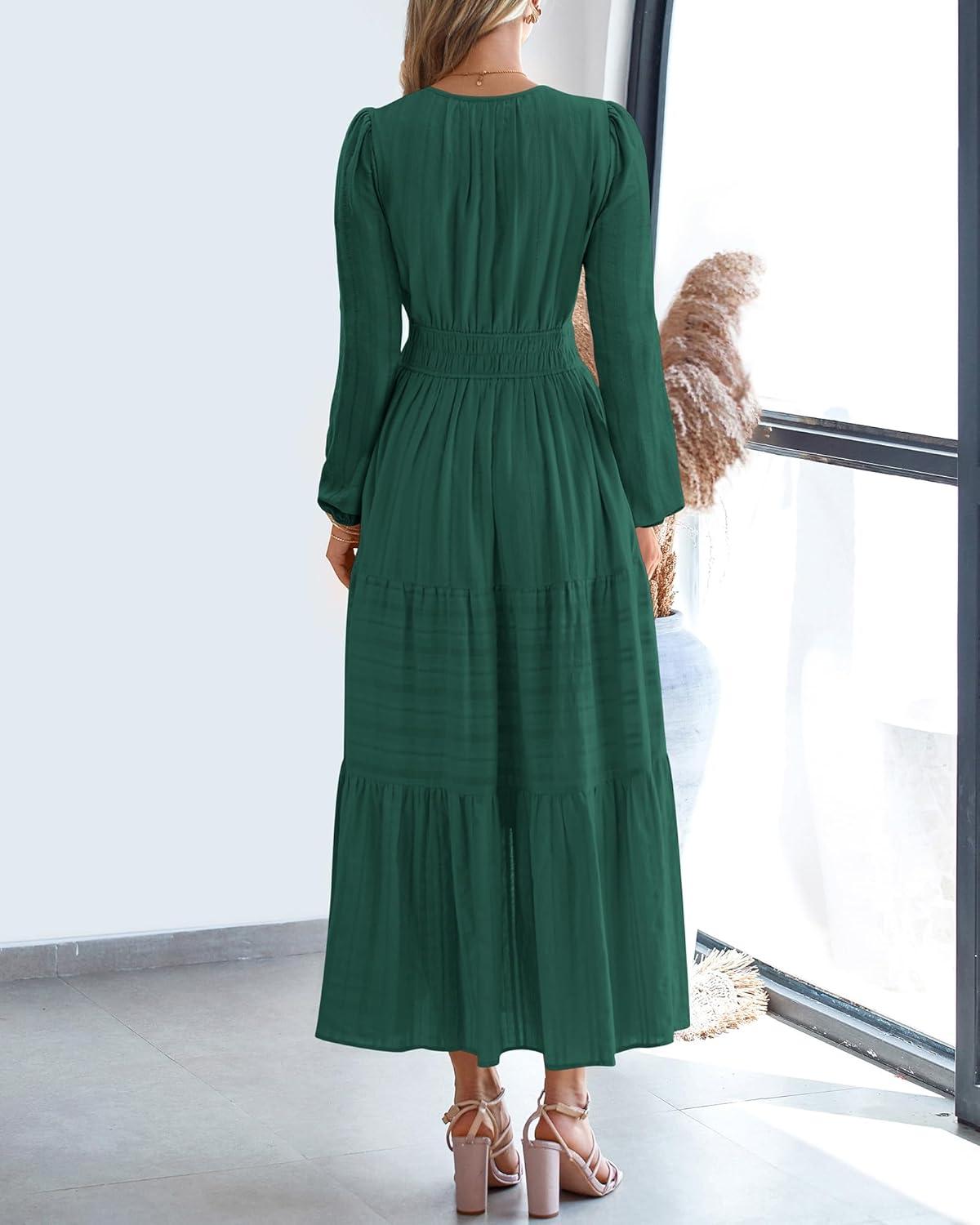 imageBTFBM Fall Dresses for Women 2025 Casual Long Sleeve V Neck Elastic Waist Lightweight Maxi Wedding Guest Dress PocketsHunter Green