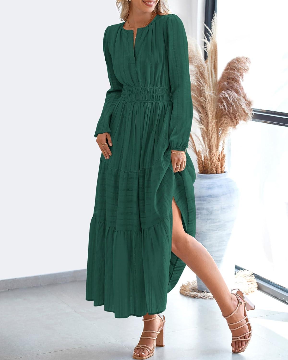 imageBTFBM Fall Dresses for Women 2025 Casual Long Sleeve V Neck Elastic Waist Lightweight Maxi Wedding Guest Dress PocketsHunter Green