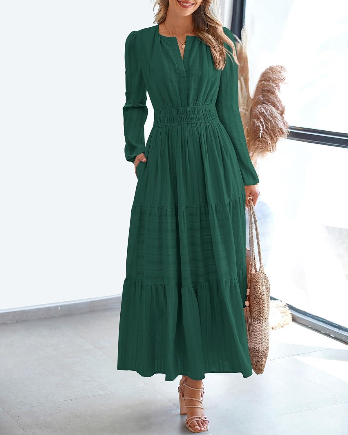 imageBTFBM Fall Dresses for Women 2025 Casual Long Sleeve V Neck Elastic Waist Lightweight Maxi Wedding Guest Dress PocketsHunter Green