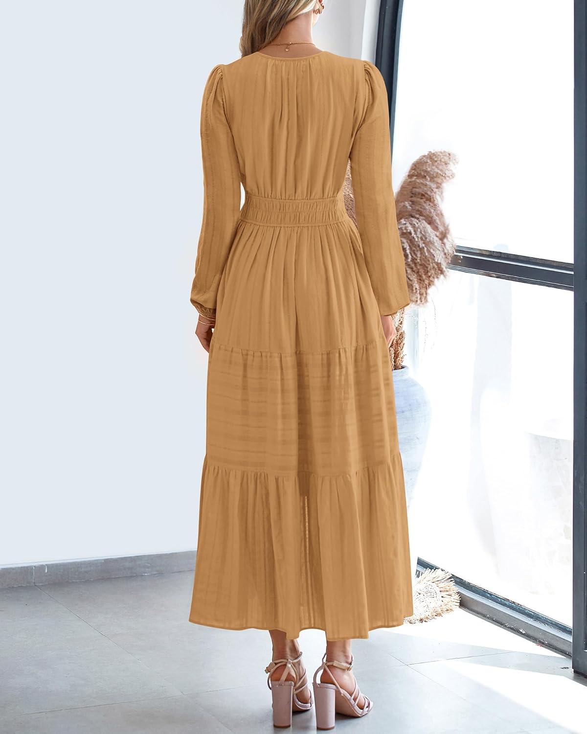 imageBTFBM Fall Dresses for Women 2025 Casual Long Sleeve V Neck Elastic Waist Lightweight Maxi Wedding Guest Dress PocketsKhaki