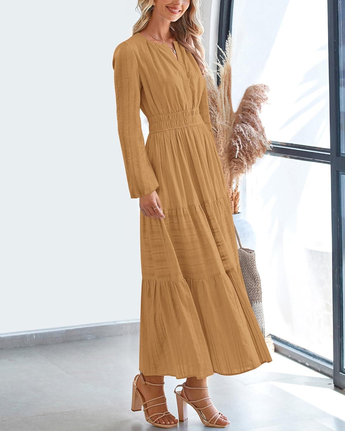 imageBTFBM Fall Dresses for Women 2025 Casual Long Sleeve V Neck Elastic Waist Lightweight Maxi Wedding Guest Dress PocketsKhaki