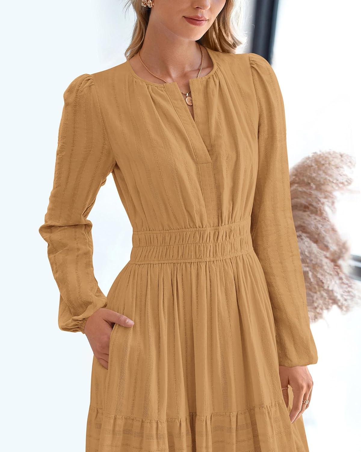imageBTFBM Fall Dresses for Women 2025 Casual Long Sleeve V Neck Elastic Waist Lightweight Maxi Wedding Guest Dress PocketsKhaki