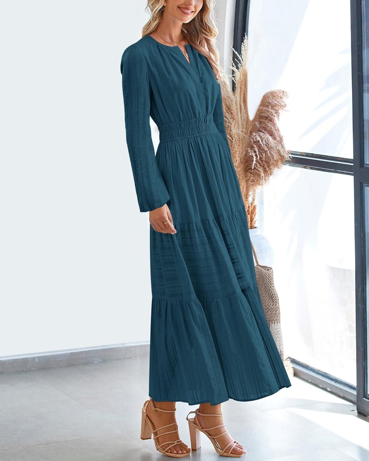 imageBTFBM Fall Dresses for Women 2025 Casual Long Sleeve V Neck Elastic Waist Lightweight Maxi Wedding Guest Dress PocketsLake Blue