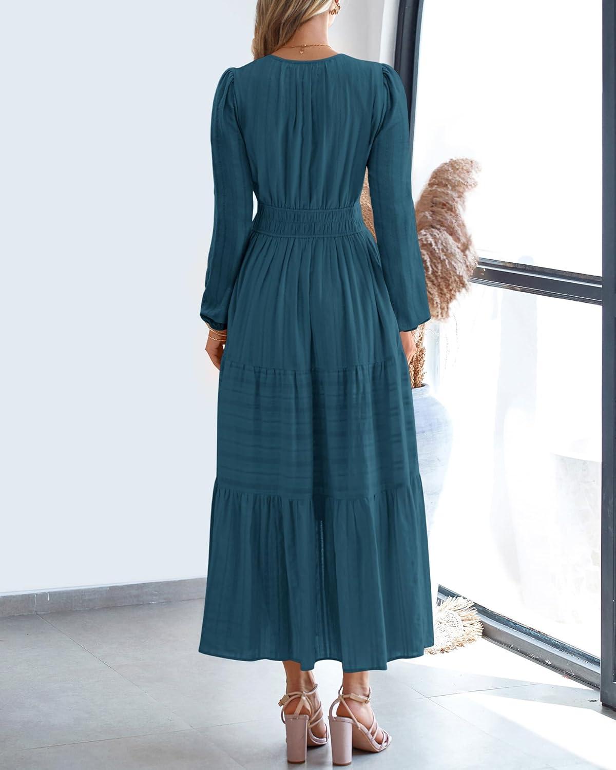 imageBTFBM Fall Dresses for Women 2025 Casual Long Sleeve V Neck Elastic Waist Lightweight Maxi Wedding Guest Dress PocketsLake Blue