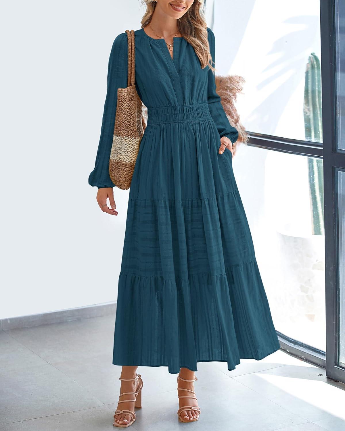 imageBTFBM Fall Dresses for Women 2025 Casual Long Sleeve V Neck Elastic Waist Lightweight Maxi Wedding Guest Dress PocketsLake Blue