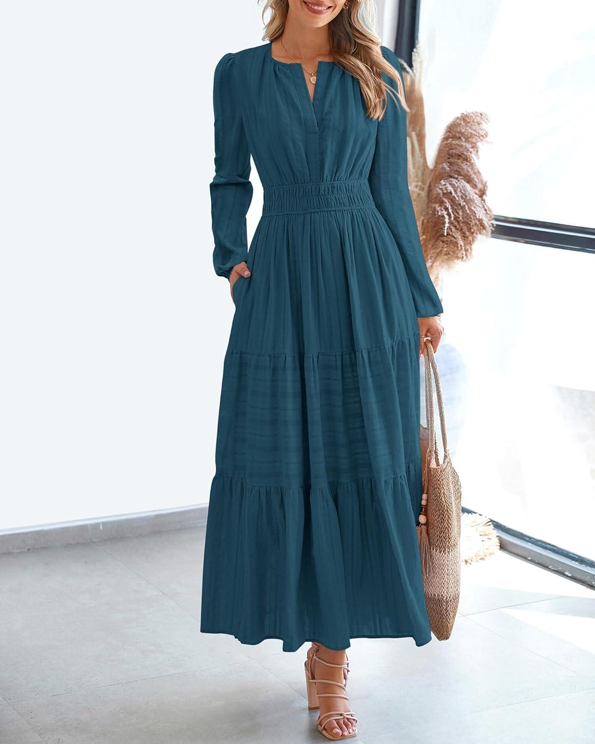 imageBTFBM Fall Dresses for Women 2025 Casual Long Sleeve V Neck Elastic Waist Lightweight Maxi Wedding Guest Dress PocketsLake Blue