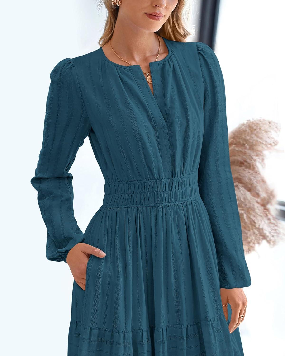 imageBTFBM Fall Dresses for Women 2025 Casual Long Sleeve V Neck Elastic Waist Lightweight Maxi Wedding Guest Dress PocketsLake Blue