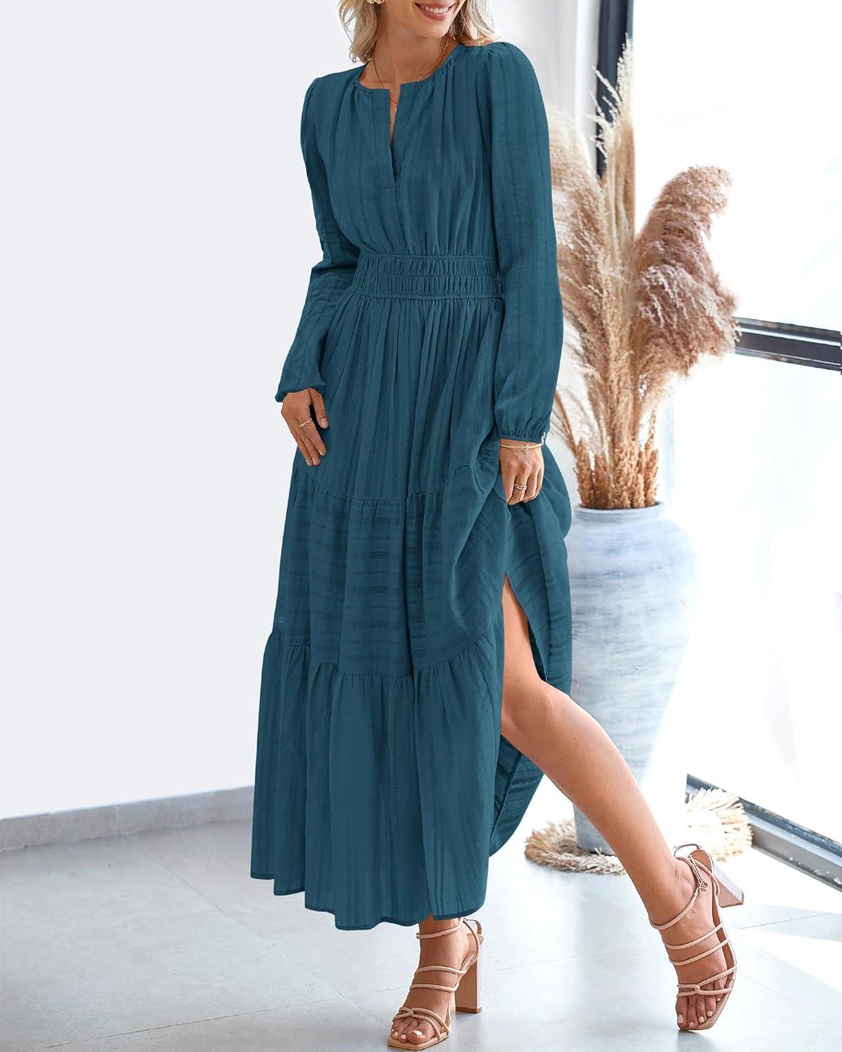 imageBTFBM Fall Dresses for Women 2025 Casual Long Sleeve V Neck Elastic Waist Lightweight Maxi Wedding Guest Dress PocketsLake Blue
