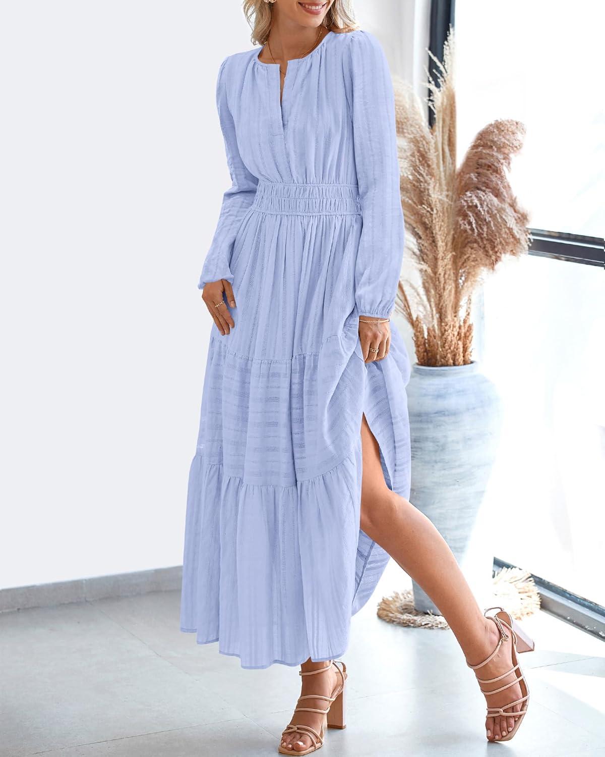 imageBTFBM Fall Dresses for Women 2025 Casual Long Sleeve V Neck Elastic Waist Lightweight Maxi Wedding Guest Dress PocketsLight Blue
