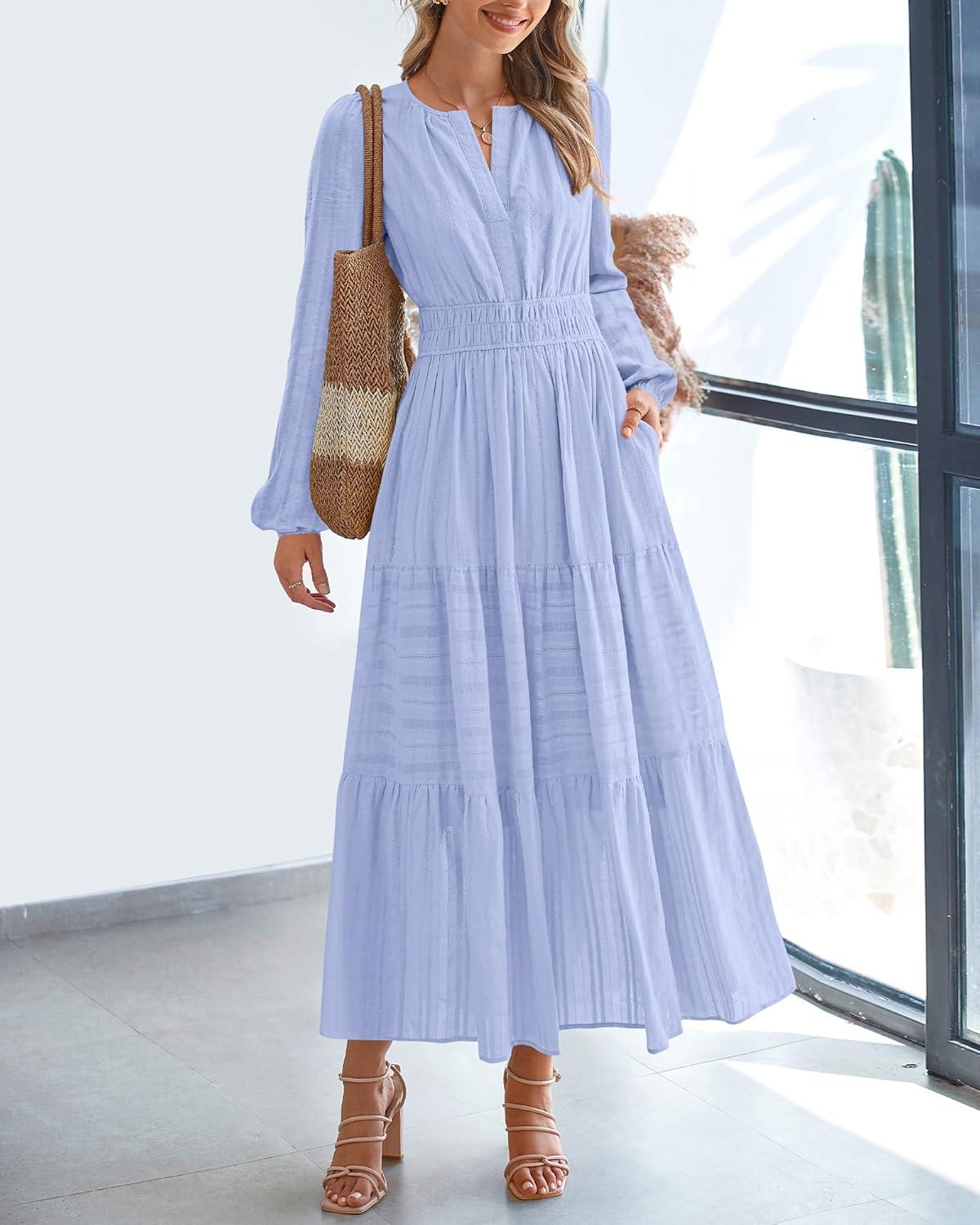 imageBTFBM Fall Dresses for Women 2025 Casual Long Sleeve V Neck Elastic Waist Lightweight Maxi Wedding Guest Dress PocketsLight Blue