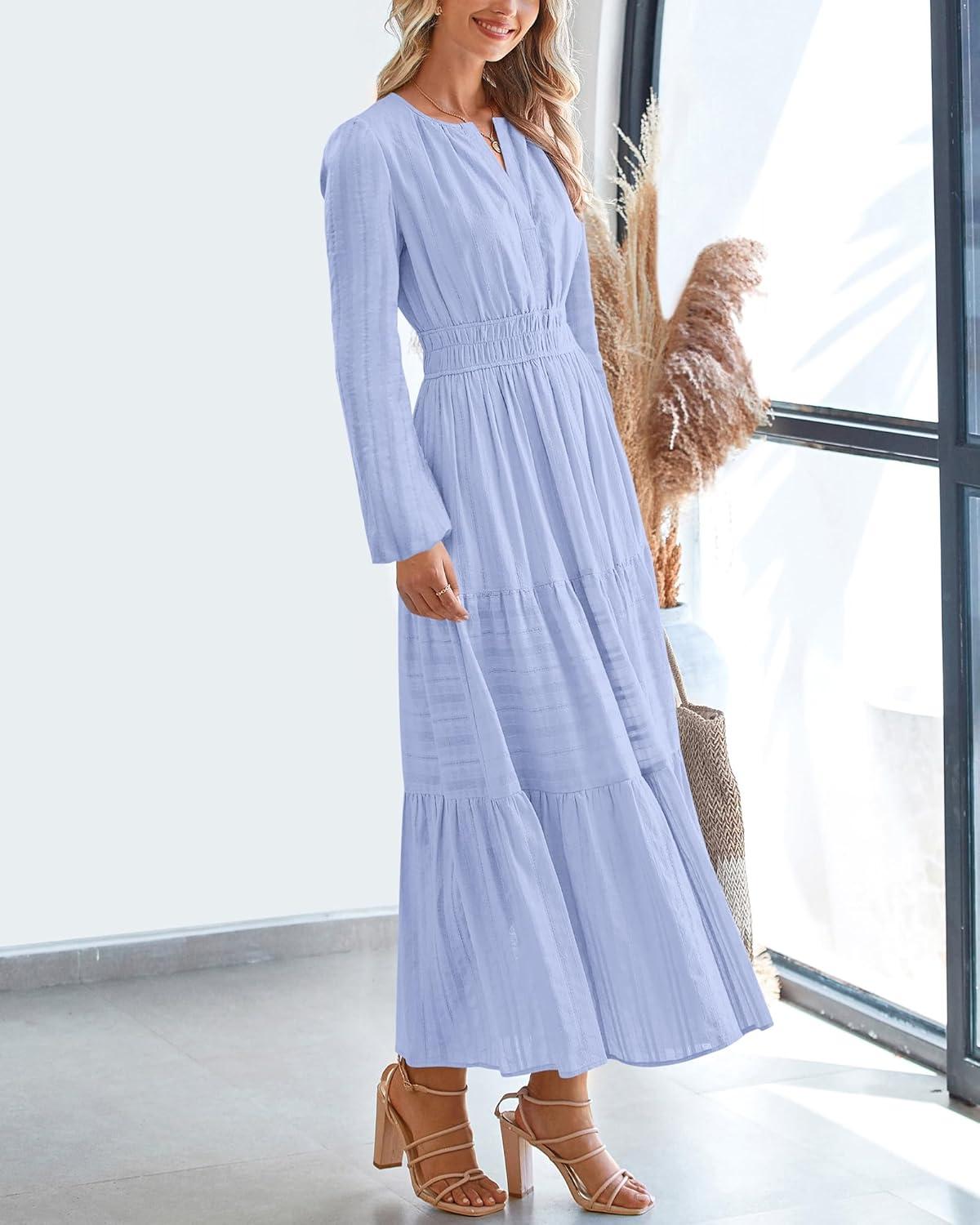 imageBTFBM Fall Dresses for Women 2025 Casual Long Sleeve V Neck Elastic Waist Lightweight Maxi Wedding Guest Dress PocketsLight Blue