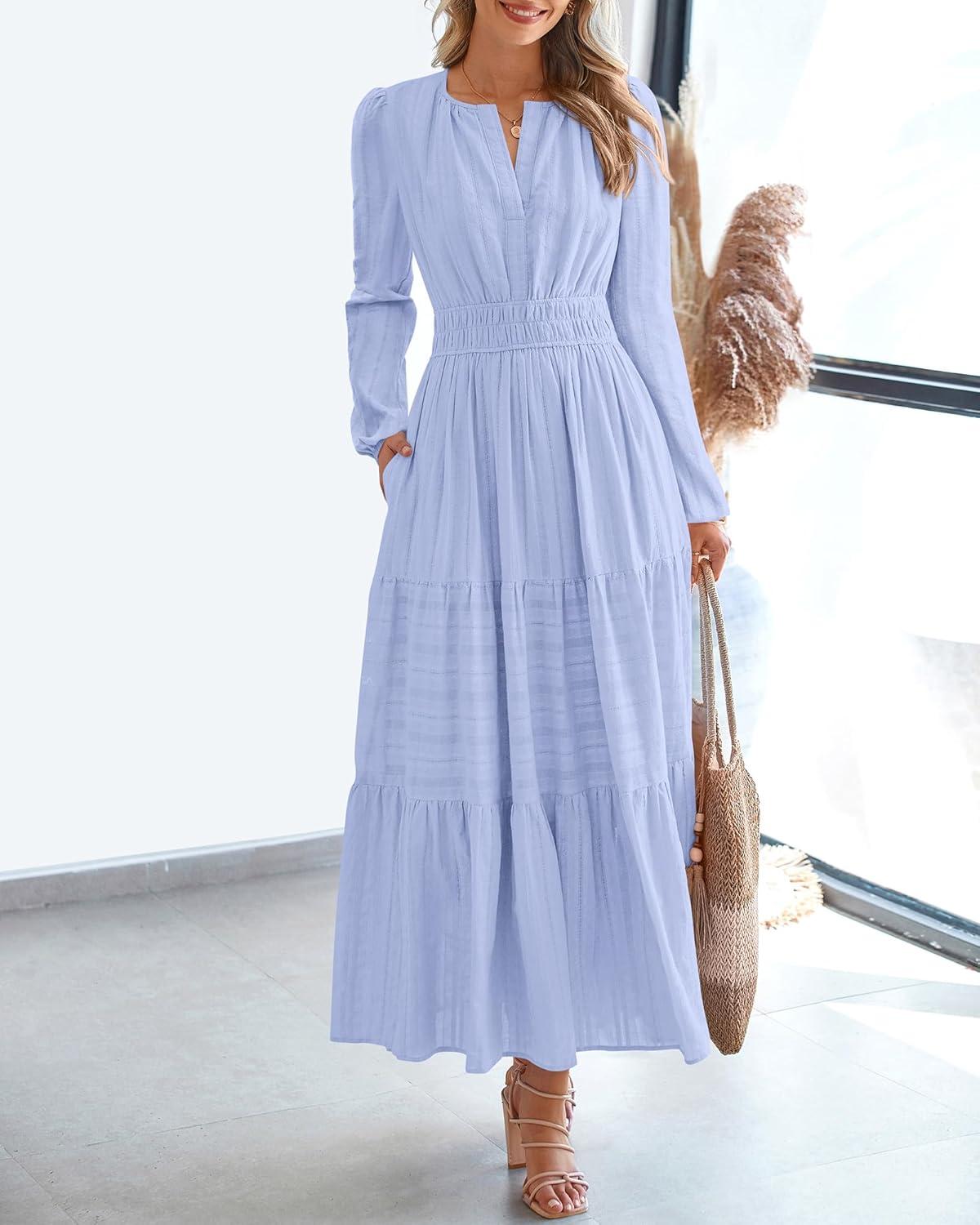 imageBTFBM Fall Dresses for Women 2025 Casual Long Sleeve V Neck Elastic Waist Lightweight Maxi Wedding Guest Dress PocketsLight Blue