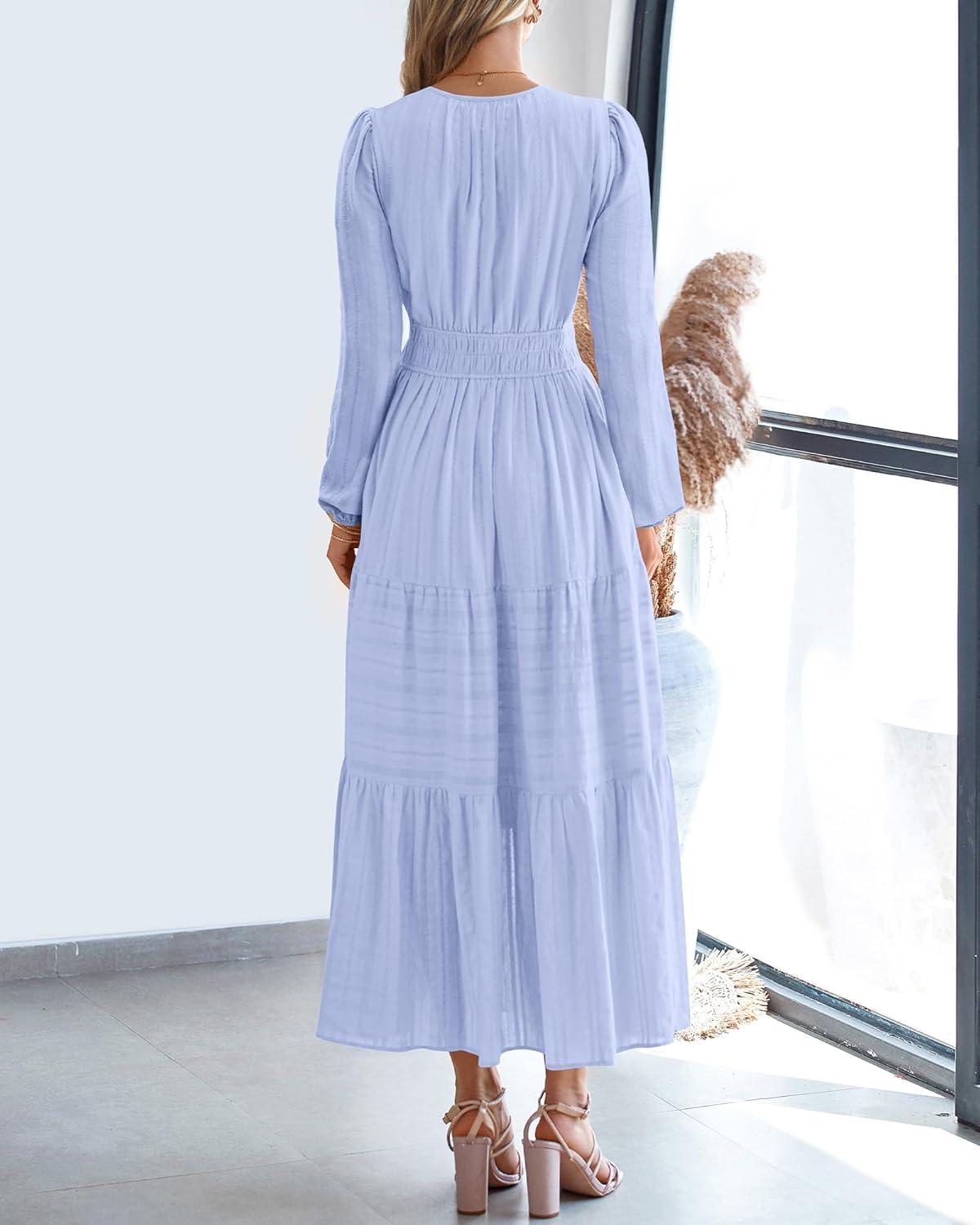 imageBTFBM Fall Dresses for Women 2025 Casual Long Sleeve V Neck Elastic Waist Lightweight Maxi Wedding Guest Dress PocketsLight Blue