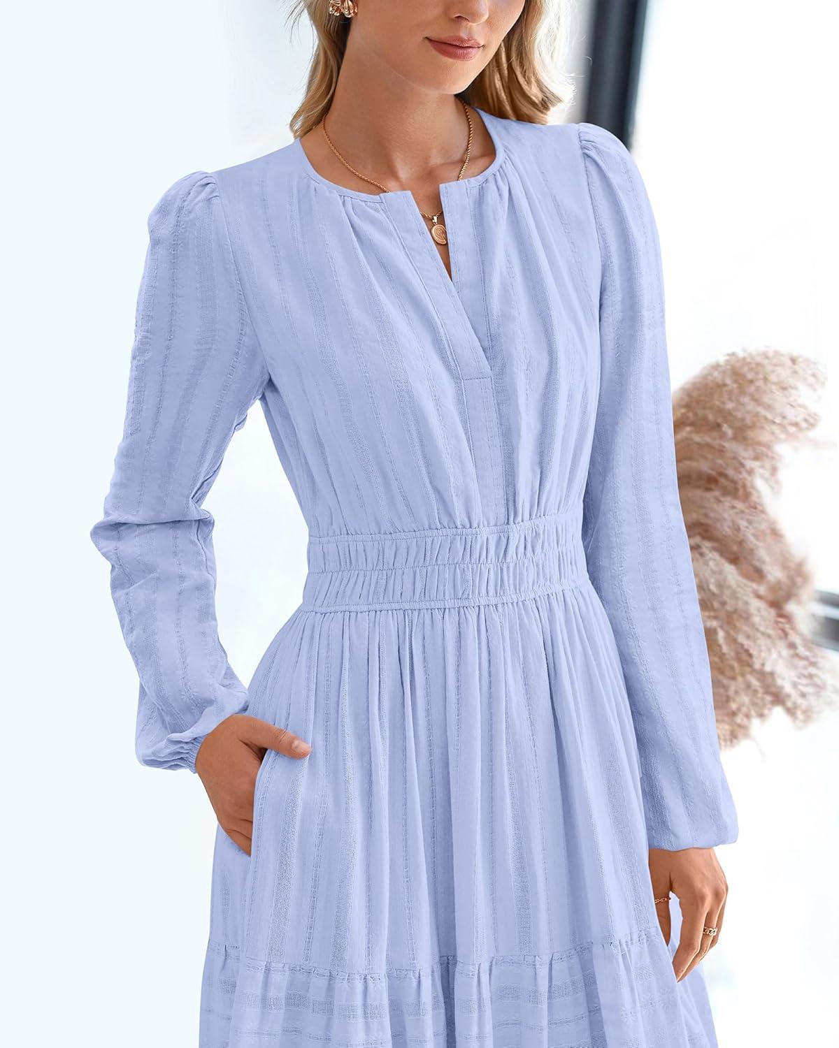 imageBTFBM Fall Dresses for Women 2025 Casual Long Sleeve V Neck Elastic Waist Lightweight Maxi Wedding Guest Dress PocketsLight Blue