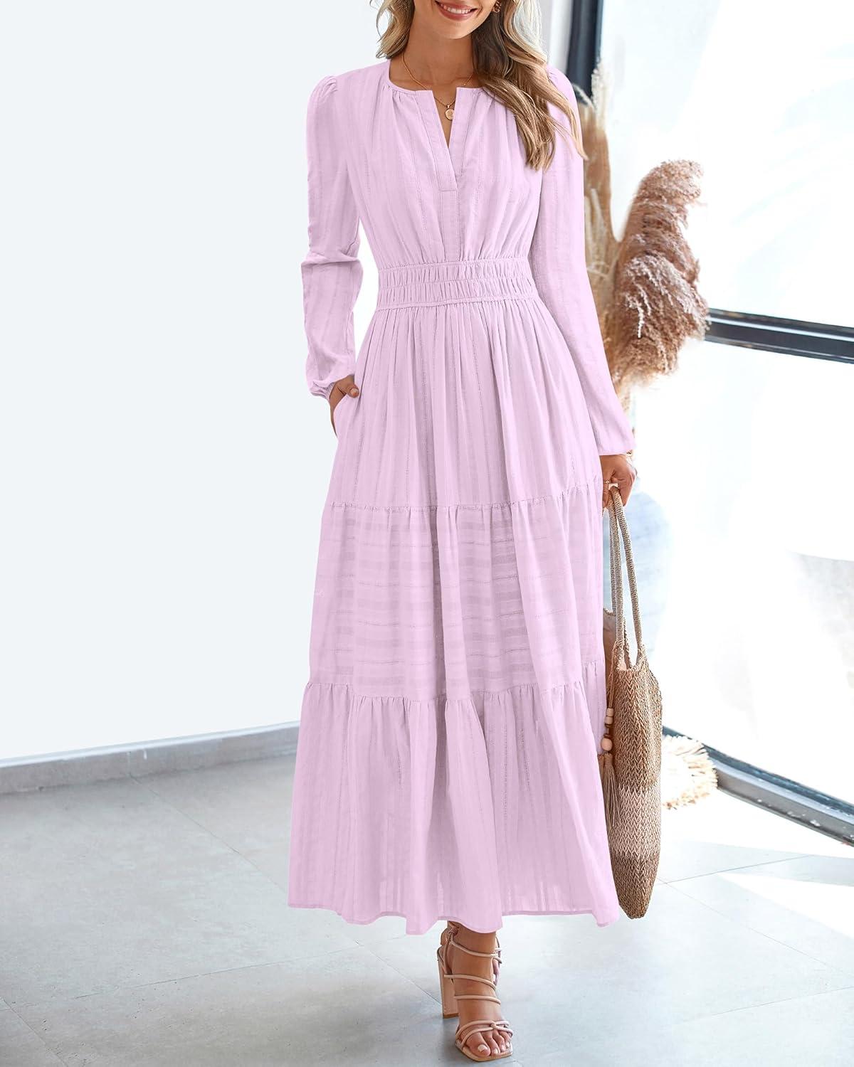 imageBTFBM Fall Dresses for Women 2025 Casual Long Sleeve V Neck Elastic Waist Lightweight Maxi Wedding Guest Dress PocketsLight Pink Purple