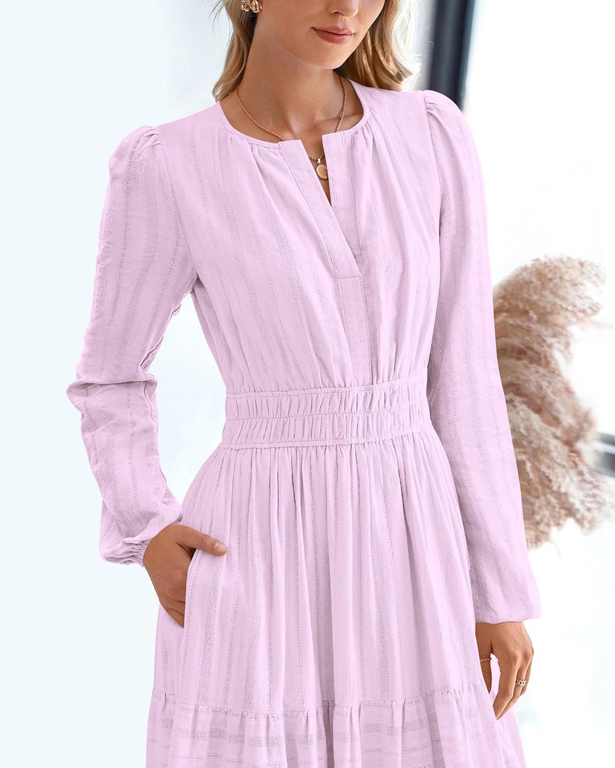imageBTFBM Fall Dresses for Women 2025 Casual Long Sleeve V Neck Elastic Waist Lightweight Maxi Wedding Guest Dress PocketsLight Pink Purple