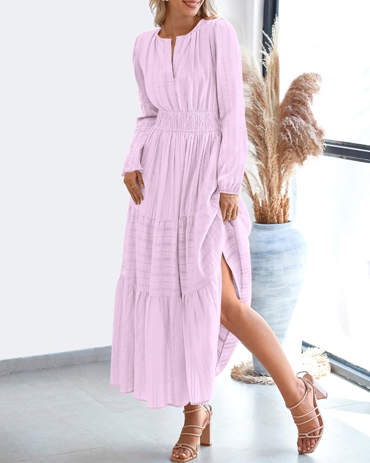imageBTFBM Fall Dresses for Women 2025 Casual Long Sleeve V Neck Elastic Waist Lightweight Maxi Wedding Guest Dress PocketsLight Pink Purple