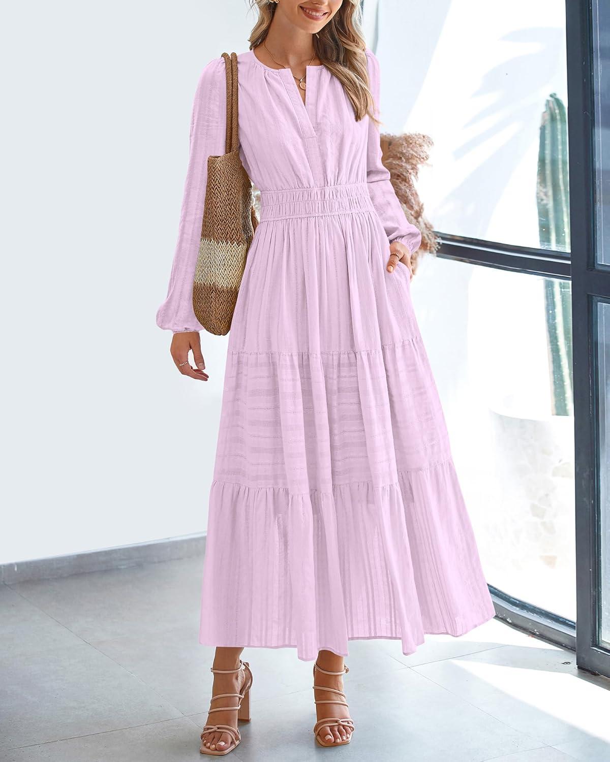 imageBTFBM Fall Dresses for Women 2025 Casual Long Sleeve V Neck Elastic Waist Lightweight Maxi Wedding Guest Dress PocketsLight Pink Purple