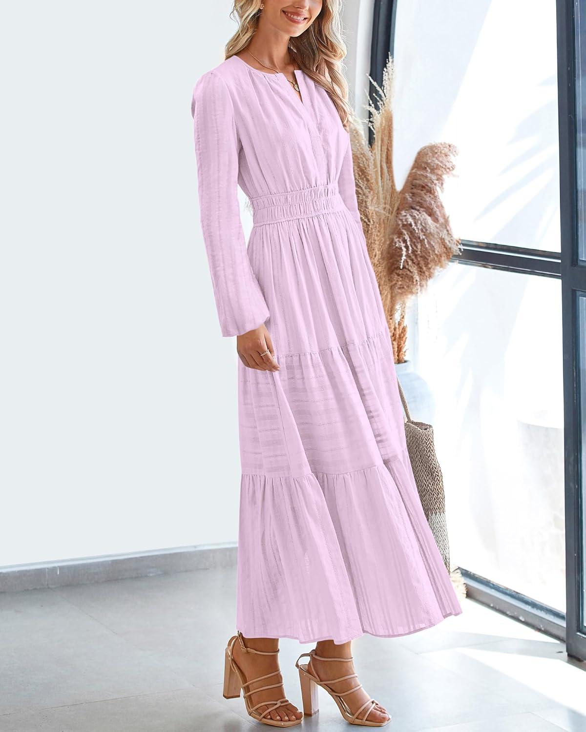 imageBTFBM Fall Dresses for Women 2025 Casual Long Sleeve V Neck Elastic Waist Lightweight Maxi Wedding Guest Dress PocketsLight Pink Purple