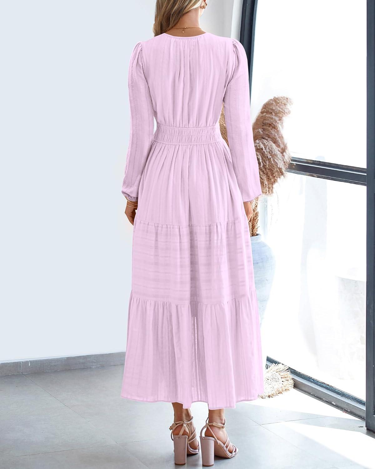 imageBTFBM Fall Dresses for Women 2025 Casual Long Sleeve V Neck Elastic Waist Lightweight Maxi Wedding Guest Dress PocketsLight Pink Purple