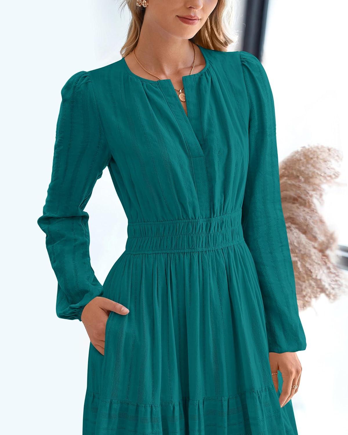 imageBTFBM Fall Dresses for Women 2025 Casual Long Sleeve V Neck Elastic Waist Lightweight Maxi Wedding Guest Dress PocketsMalachite Green
