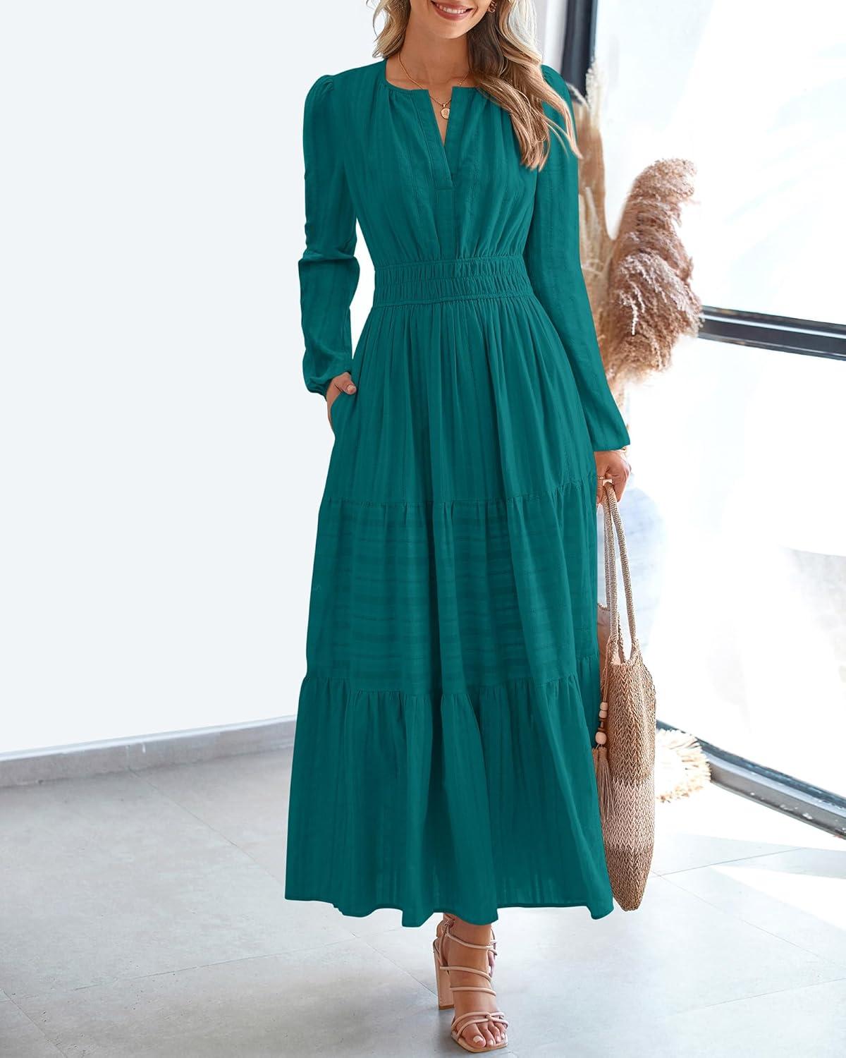 imageBTFBM Fall Dresses for Women 2025 Casual Long Sleeve V Neck Elastic Waist Lightweight Maxi Wedding Guest Dress PocketsMalachite Green