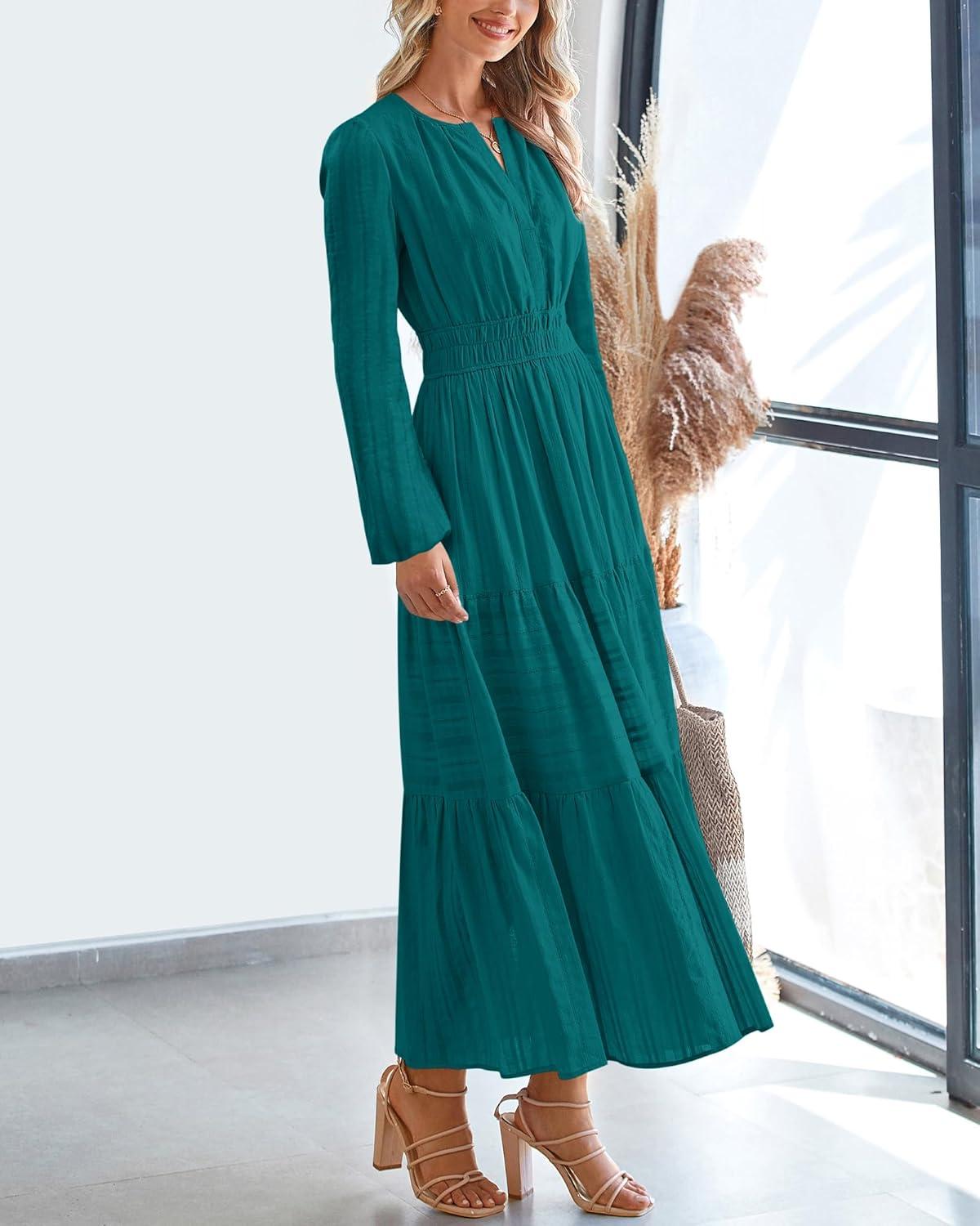 imageBTFBM Fall Dresses for Women 2025 Casual Long Sleeve V Neck Elastic Waist Lightweight Maxi Wedding Guest Dress PocketsMalachite Green