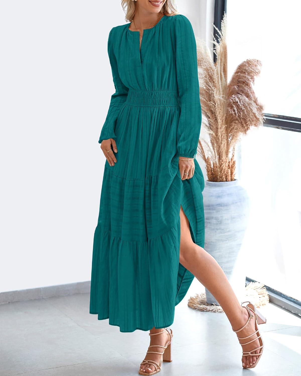 imageBTFBM Fall Dresses for Women 2025 Casual Long Sleeve V Neck Elastic Waist Lightweight Maxi Wedding Guest Dress PocketsMalachite Green