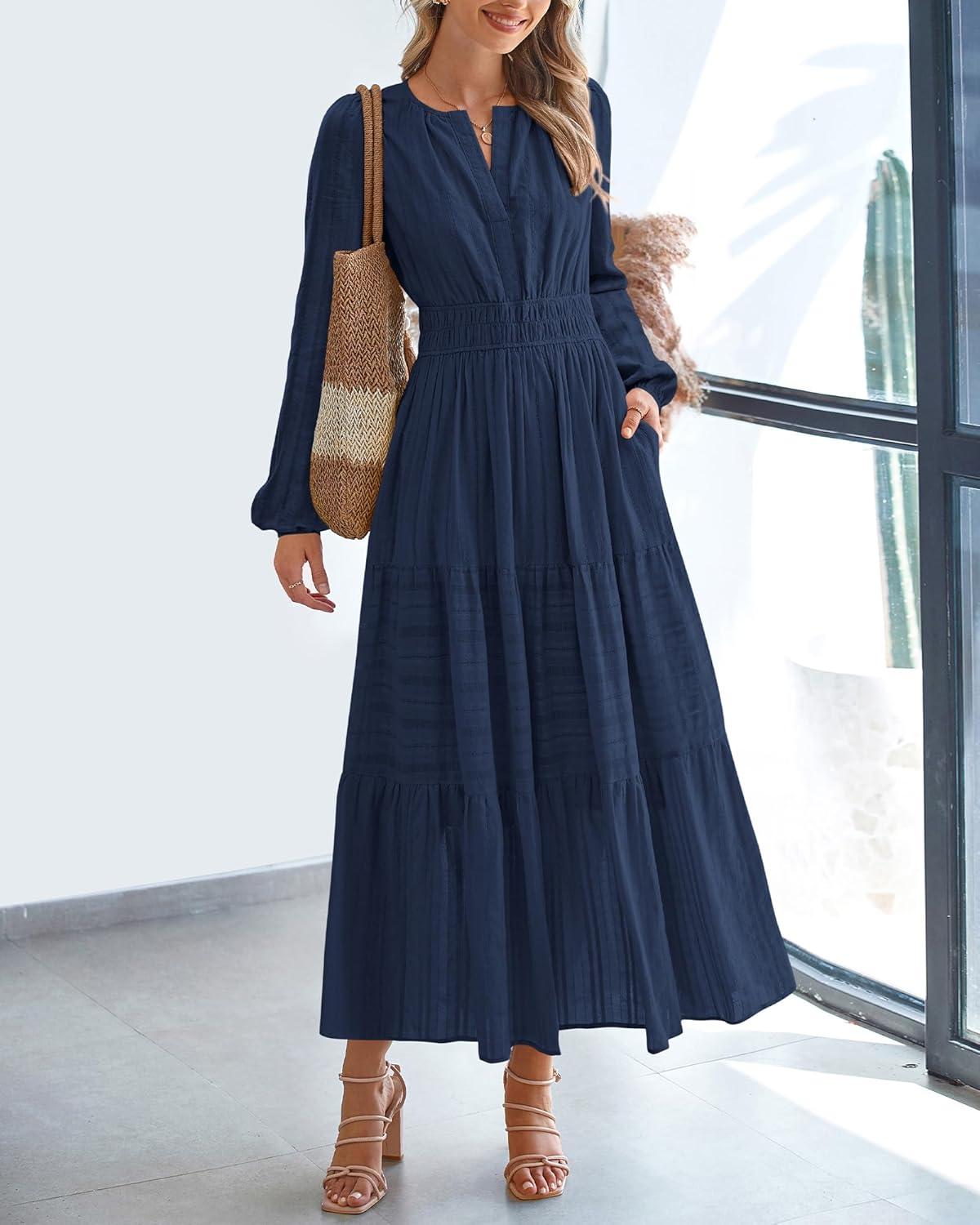 imageBTFBM Fall Dresses for Women 2025 Casual Long Sleeve V Neck Elastic Waist Lightweight Maxi Wedding Guest Dress PocketsNavy