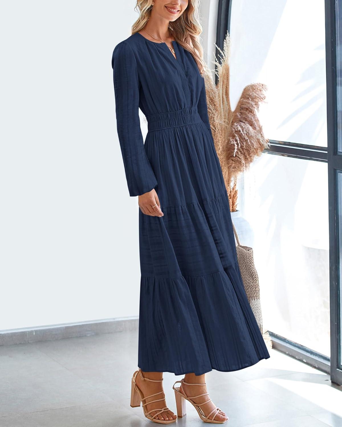 imageBTFBM Fall Dresses for Women 2025 Casual Long Sleeve V Neck Elastic Waist Lightweight Maxi Wedding Guest Dress PocketsNavy