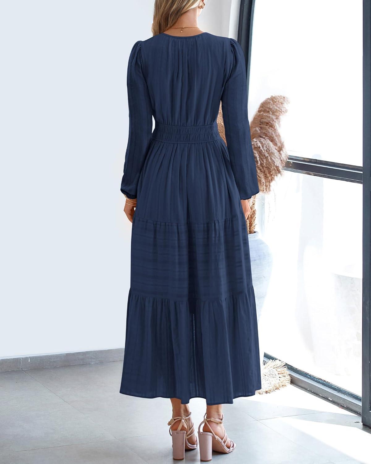 imageBTFBM Fall Dresses for Women 2025 Casual Long Sleeve V Neck Elastic Waist Lightweight Maxi Wedding Guest Dress PocketsNavy