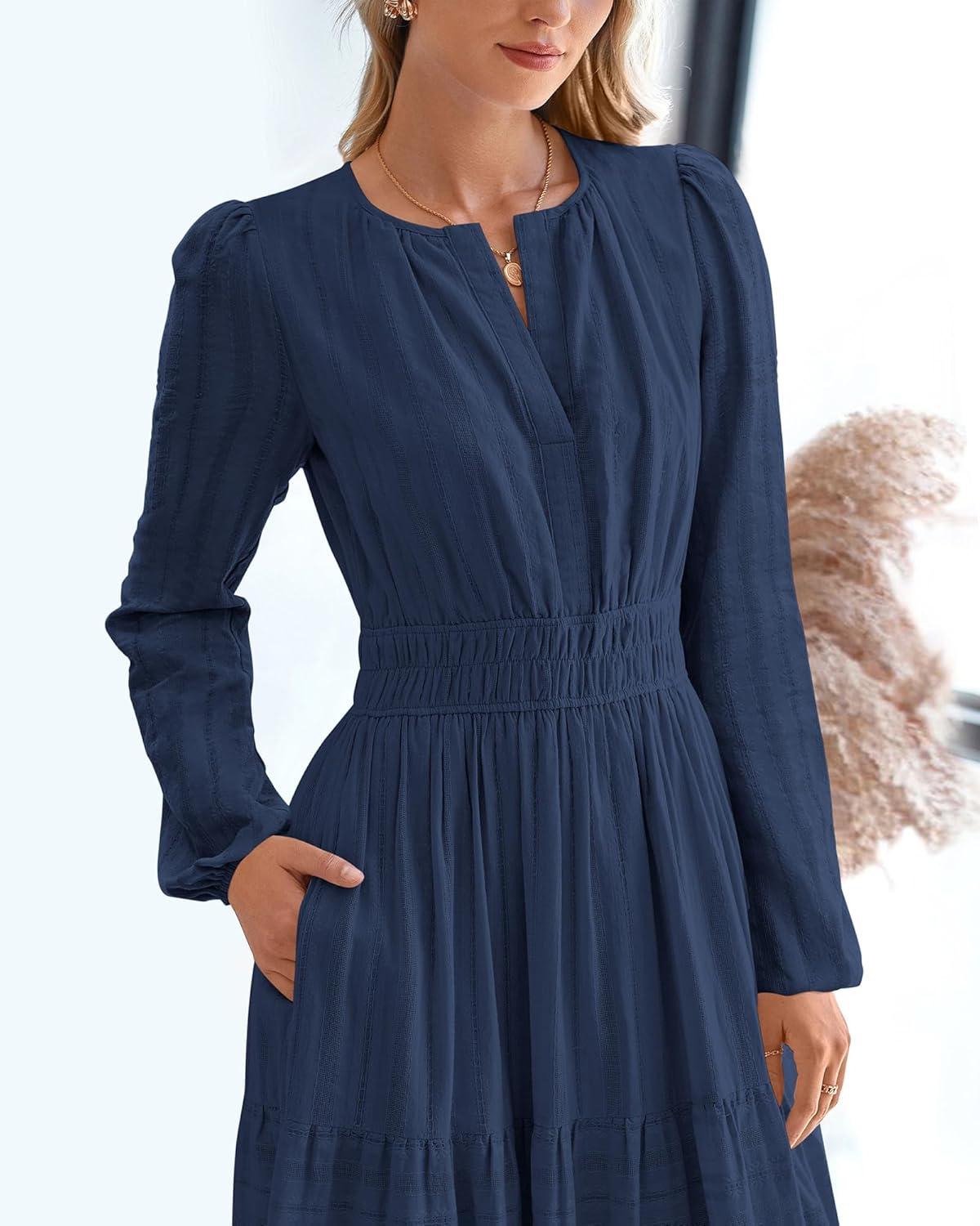 imageBTFBM Fall Dresses for Women 2025 Casual Long Sleeve V Neck Elastic Waist Lightweight Maxi Wedding Guest Dress PocketsNavy