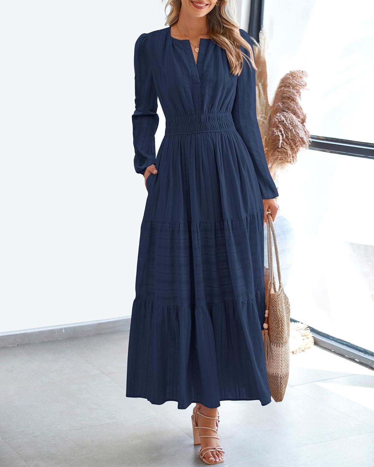 imageBTFBM Fall Dresses for Women 2025 Casual Long Sleeve V Neck Elastic Waist Lightweight Maxi Wedding Guest Dress PocketsNavy