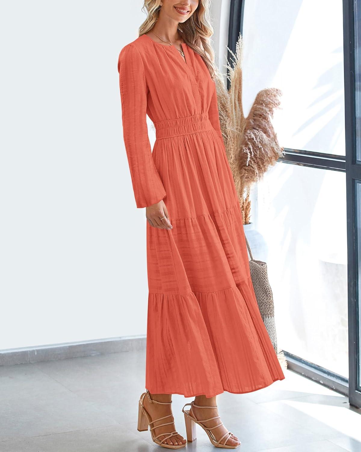 imageBTFBM Fall Dresses for Women 2025 Casual Long Sleeve V Neck Elastic Waist Lightweight Maxi Wedding Guest Dress PocketsOrange