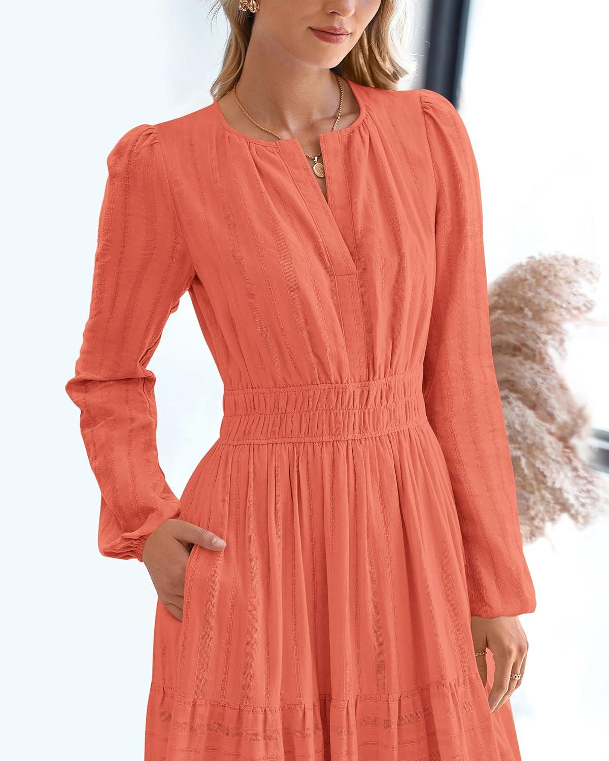 imageBTFBM Fall Dresses for Women 2025 Casual Long Sleeve V Neck Elastic Waist Lightweight Maxi Wedding Guest Dress PocketsOrange