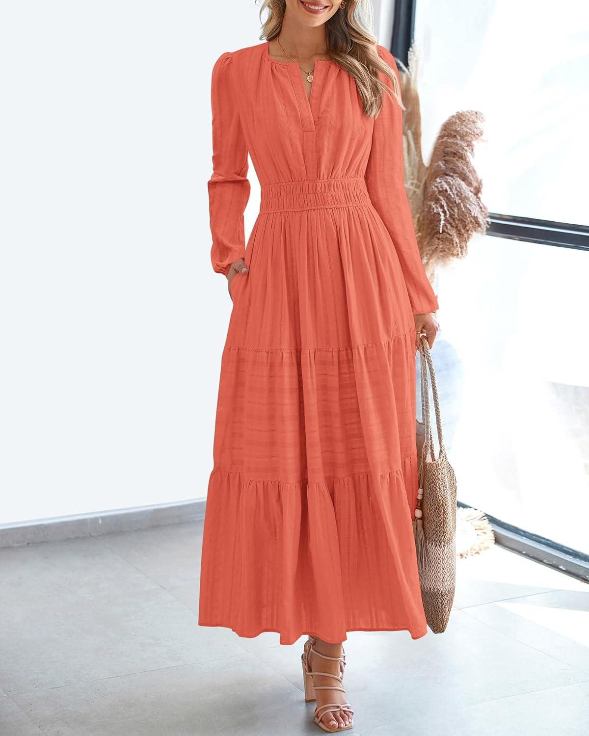 imageBTFBM Fall Dresses for Women 2025 Casual Long Sleeve V Neck Elastic Waist Lightweight Maxi Wedding Guest Dress PocketsOrange