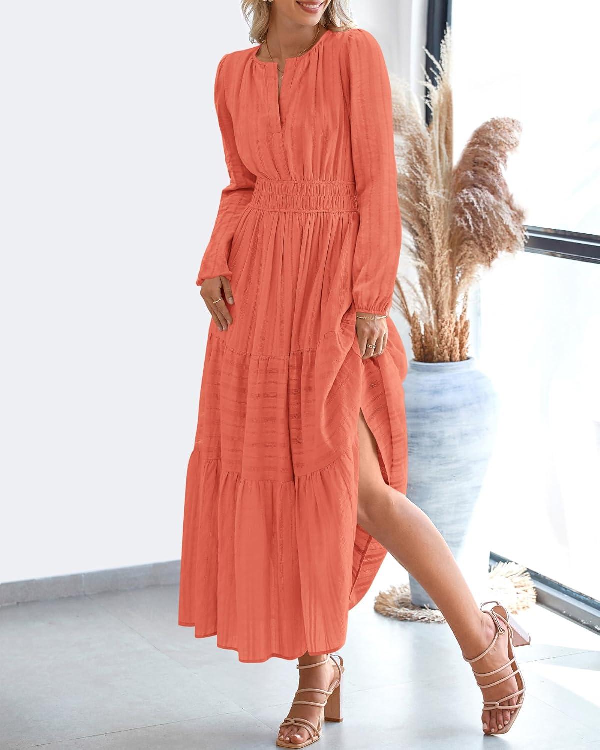 imageBTFBM Fall Dresses for Women 2025 Casual Long Sleeve V Neck Elastic Waist Lightweight Maxi Wedding Guest Dress PocketsOrange