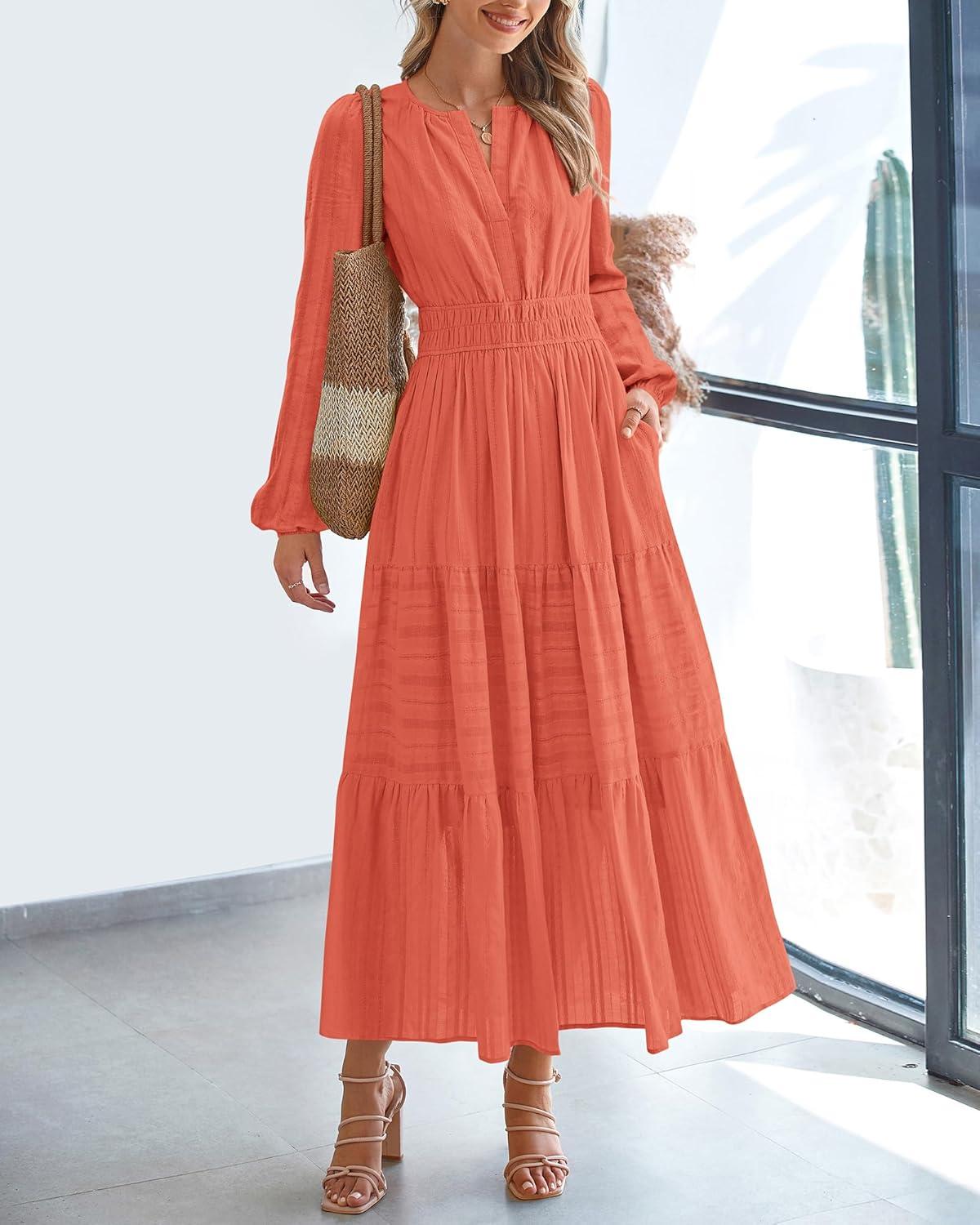 imageBTFBM Fall Dresses for Women 2025 Casual Long Sleeve V Neck Elastic Waist Lightweight Maxi Wedding Guest Dress PocketsOrange