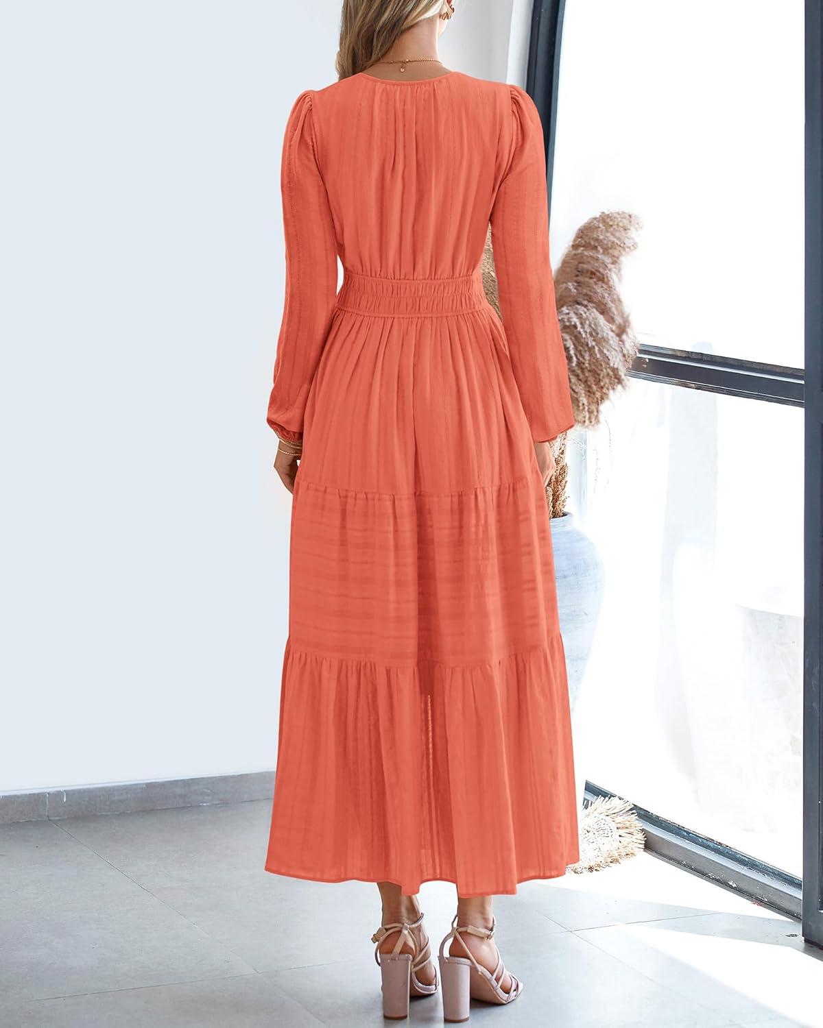imageBTFBM Fall Dresses for Women 2025 Casual Long Sleeve V Neck Elastic Waist Lightweight Maxi Wedding Guest Dress PocketsOrange