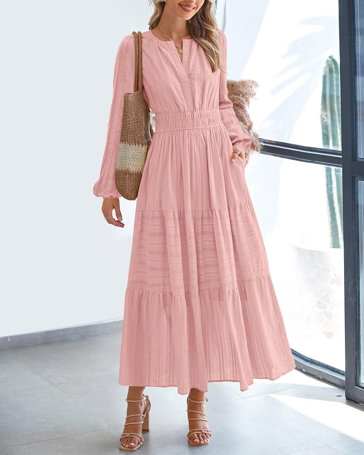 imageBTFBM Fall Dresses for Women 2025 Casual Long Sleeve V Neck Elastic Waist Lightweight Maxi Wedding Guest Dress PocketsPink