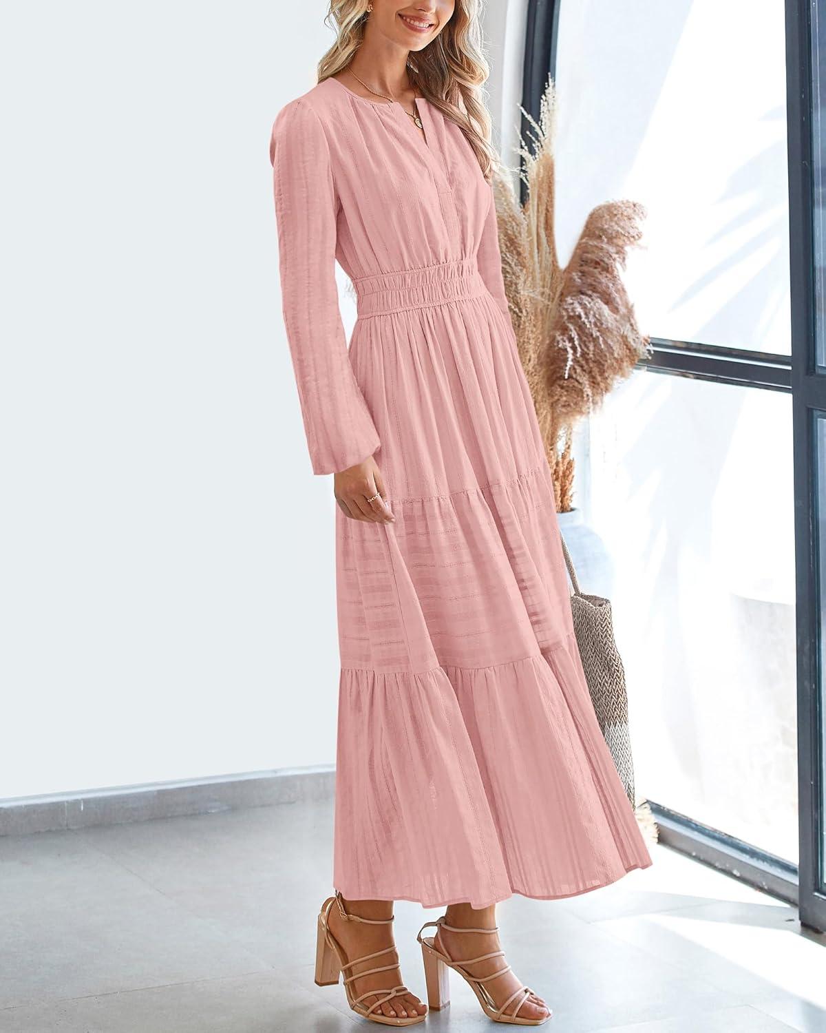 imageBTFBM Fall Dresses for Women 2025 Casual Long Sleeve V Neck Elastic Waist Lightweight Maxi Wedding Guest Dress PocketsPink