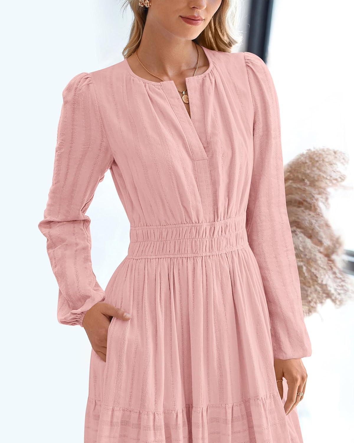 imageBTFBM Fall Dresses for Women 2025 Casual Long Sleeve V Neck Elastic Waist Lightweight Maxi Wedding Guest Dress PocketsPink