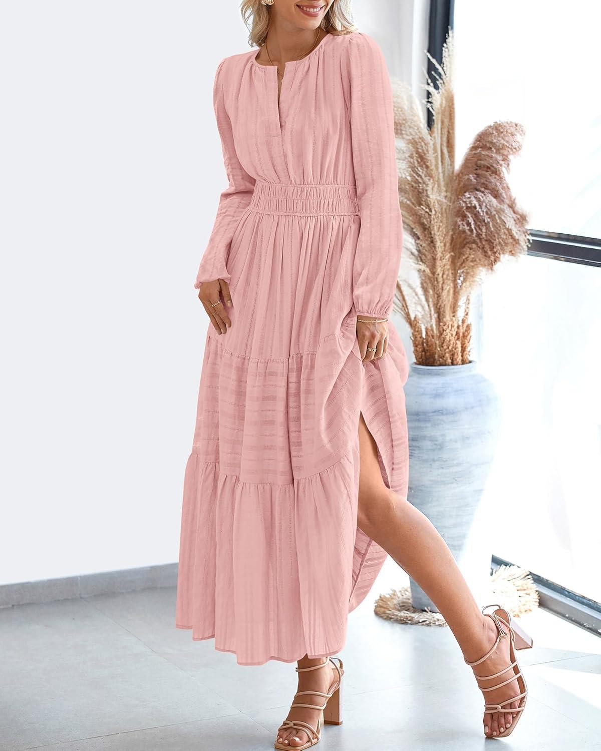 imageBTFBM Fall Dresses for Women 2025 Casual Long Sleeve V Neck Elastic Waist Lightweight Maxi Wedding Guest Dress PocketsPink