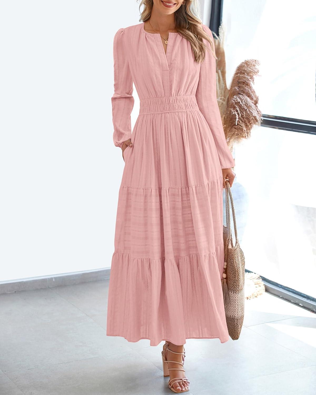 imageBTFBM Fall Dresses for Women 2025 Casual Long Sleeve V Neck Elastic Waist Lightweight Maxi Wedding Guest Dress PocketsPink