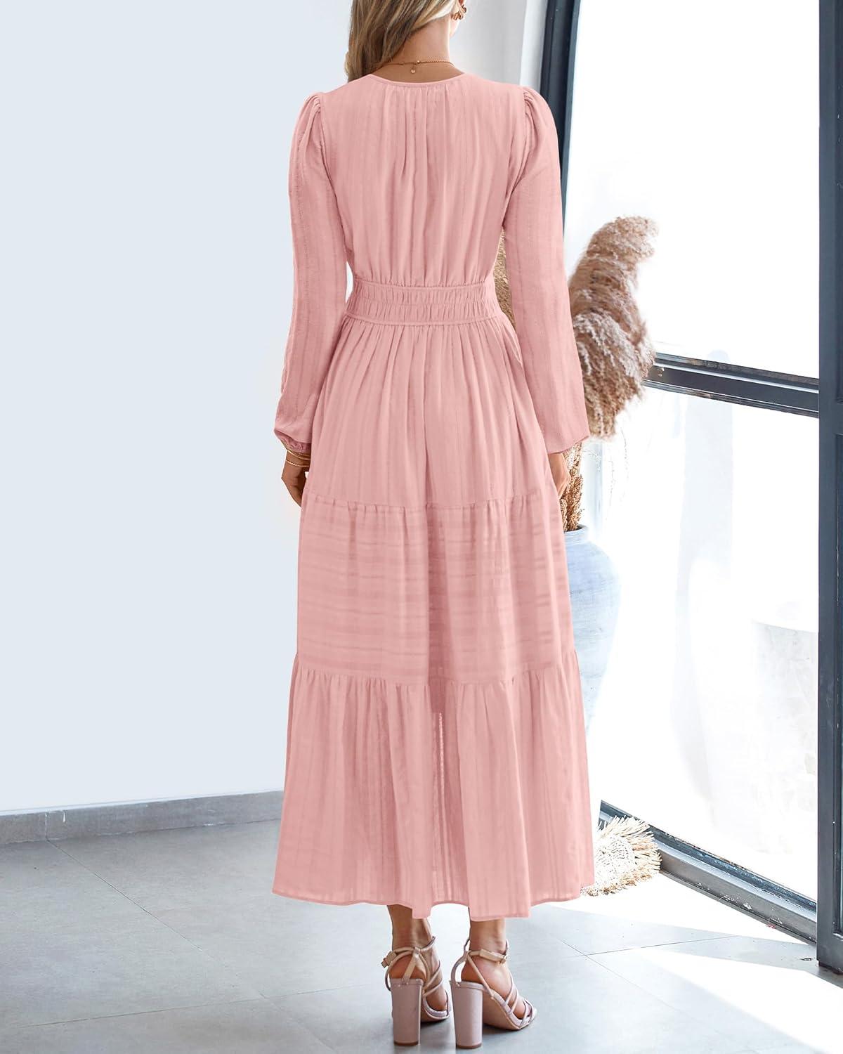 imageBTFBM Fall Dresses for Women 2025 Casual Long Sleeve V Neck Elastic Waist Lightweight Maxi Wedding Guest Dress PocketsPink